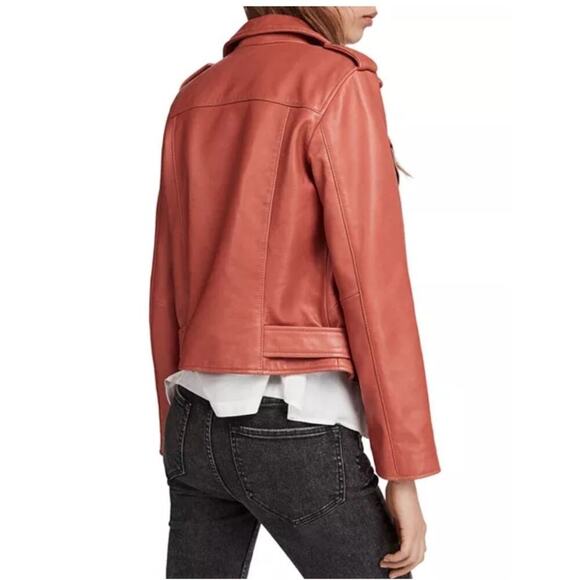 ALLSAINTS Balfern Leather Biker Jacket in Rose Wood Pink - Picture 3 of 13